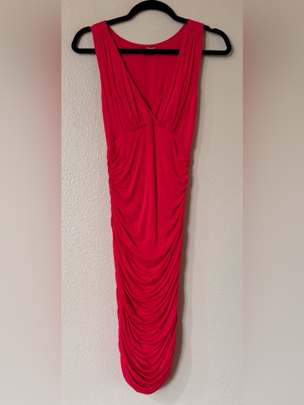 Venus Ruched Sleeveless Midi Dress Bodycon Deep V-Neck Coral Pink XS